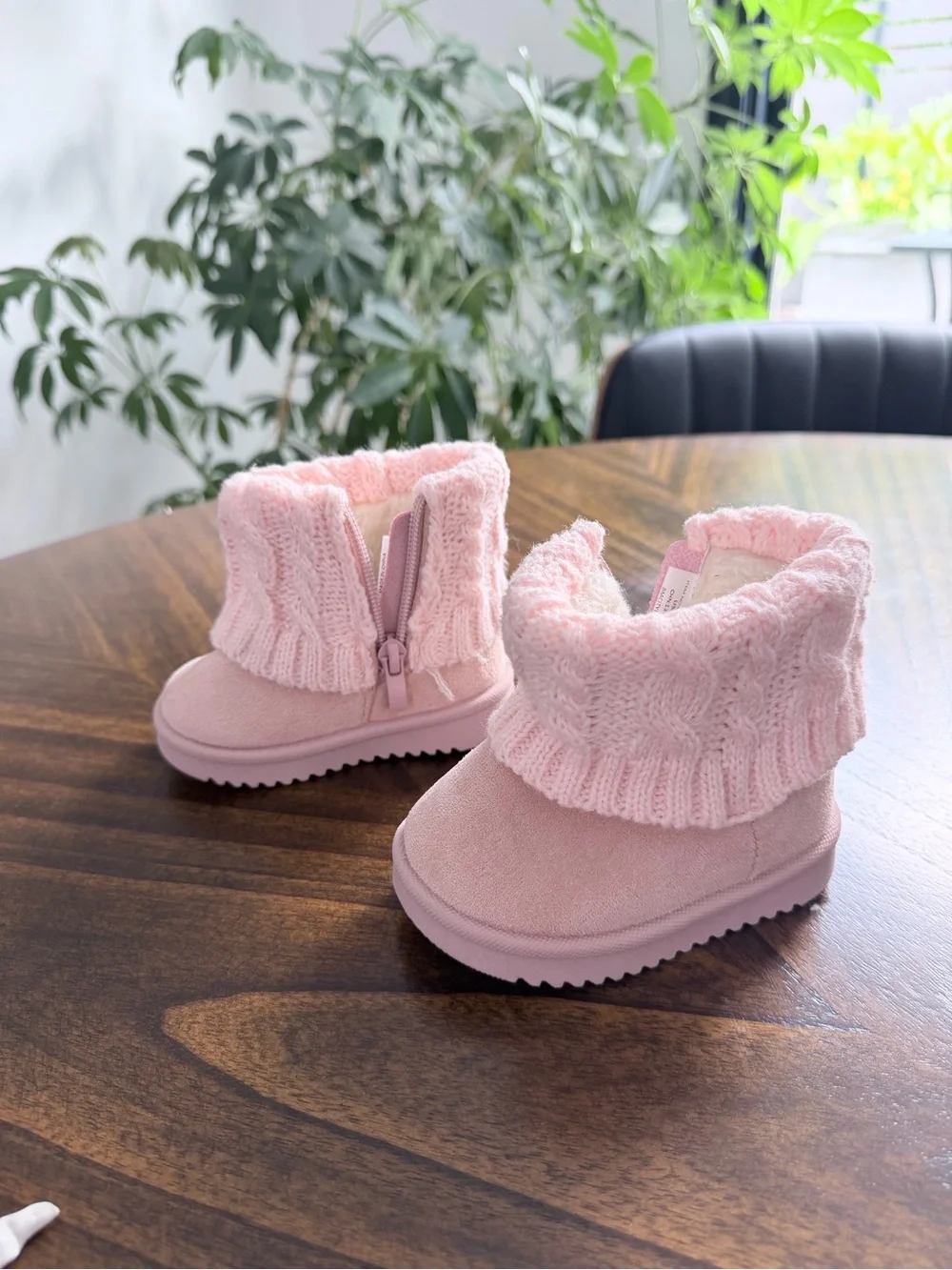 Kids Pink Knit Cuff Winter Boots
